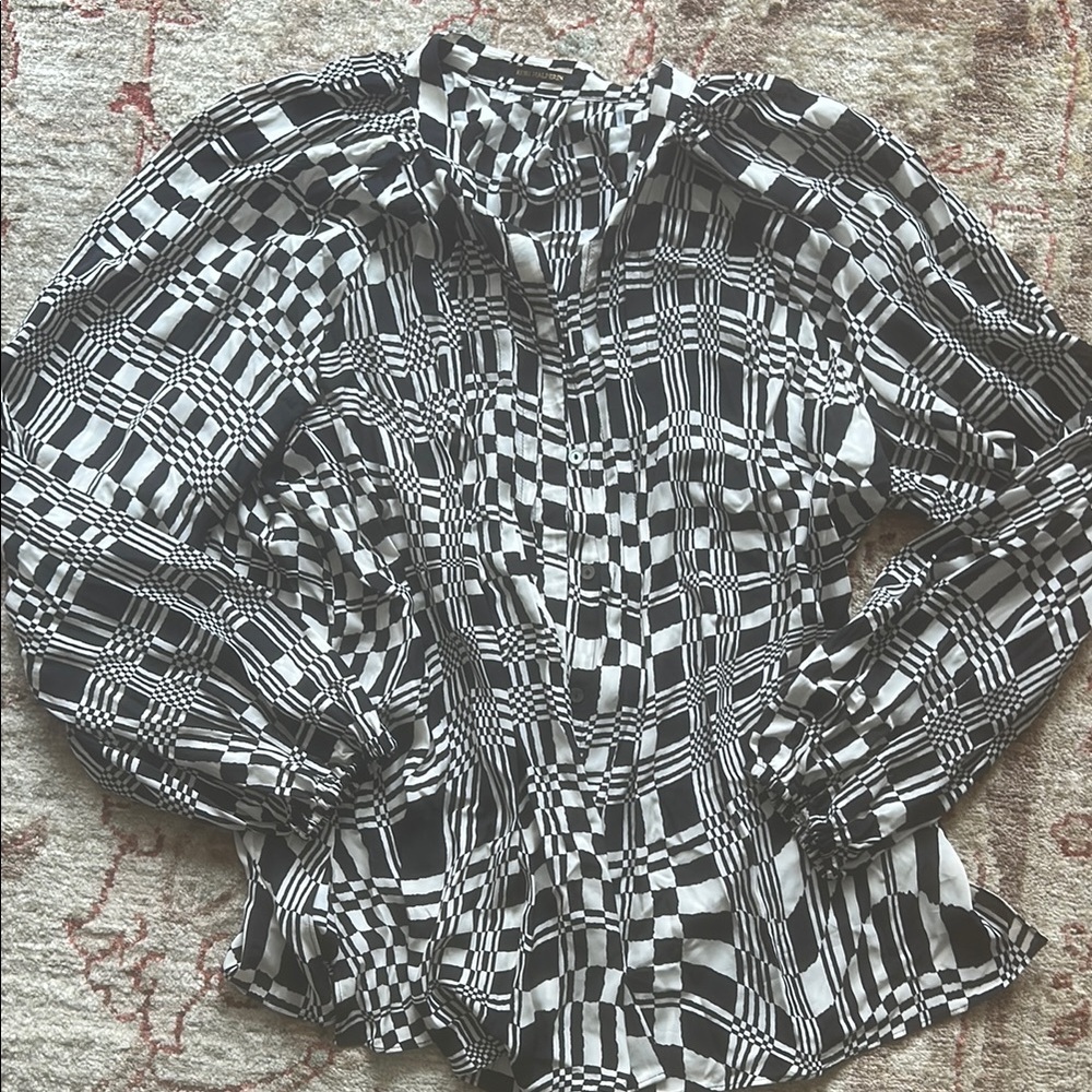 Kobi Halperin Black and White Graphic Blouse with Notched Collar
